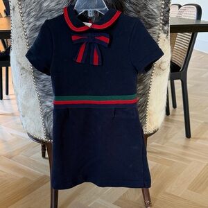 Gucci Navy Girls Dress with Red & Green Trim and Bow Accent